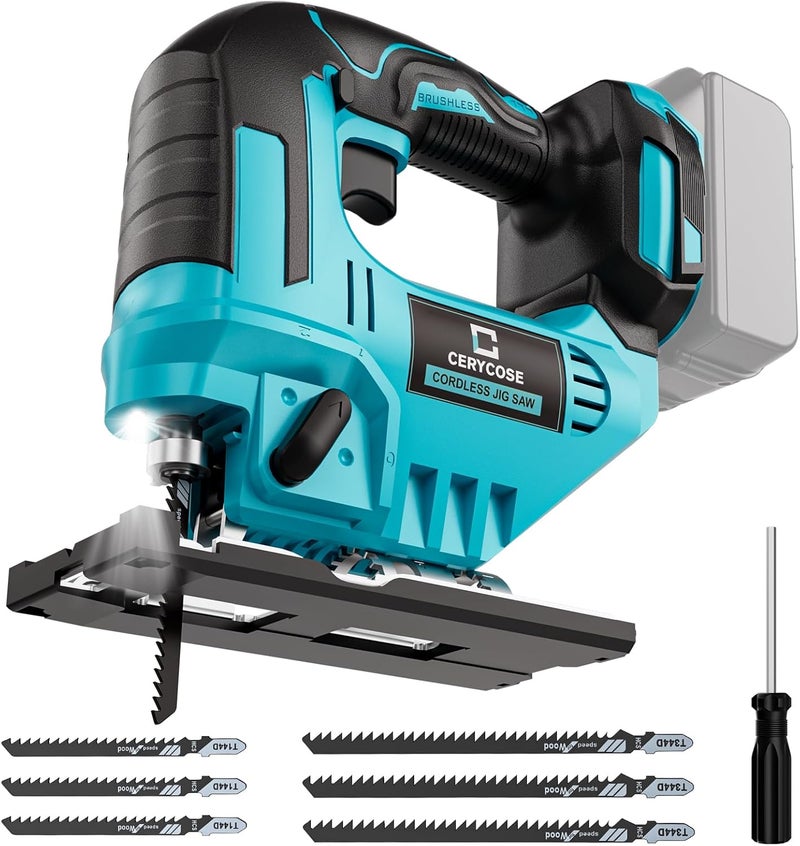 Cerycose Jigsaw Compatible With Makita 18V, Cordless jig saw tool Brushless Motor, 0°- 45° Bevel Cuts, LED Light with 3 Position Orbital Setting for Straight/Curve/Bevel/Circle Cutting (NO Battery) - Image 1